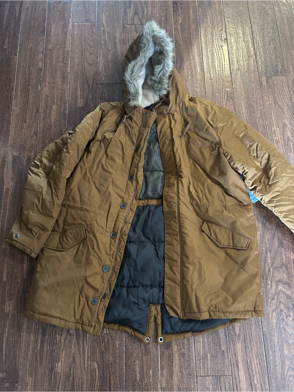 Old Navy Men's Tan Brown Hooded Puffer Jacket with Faux Fur Trim